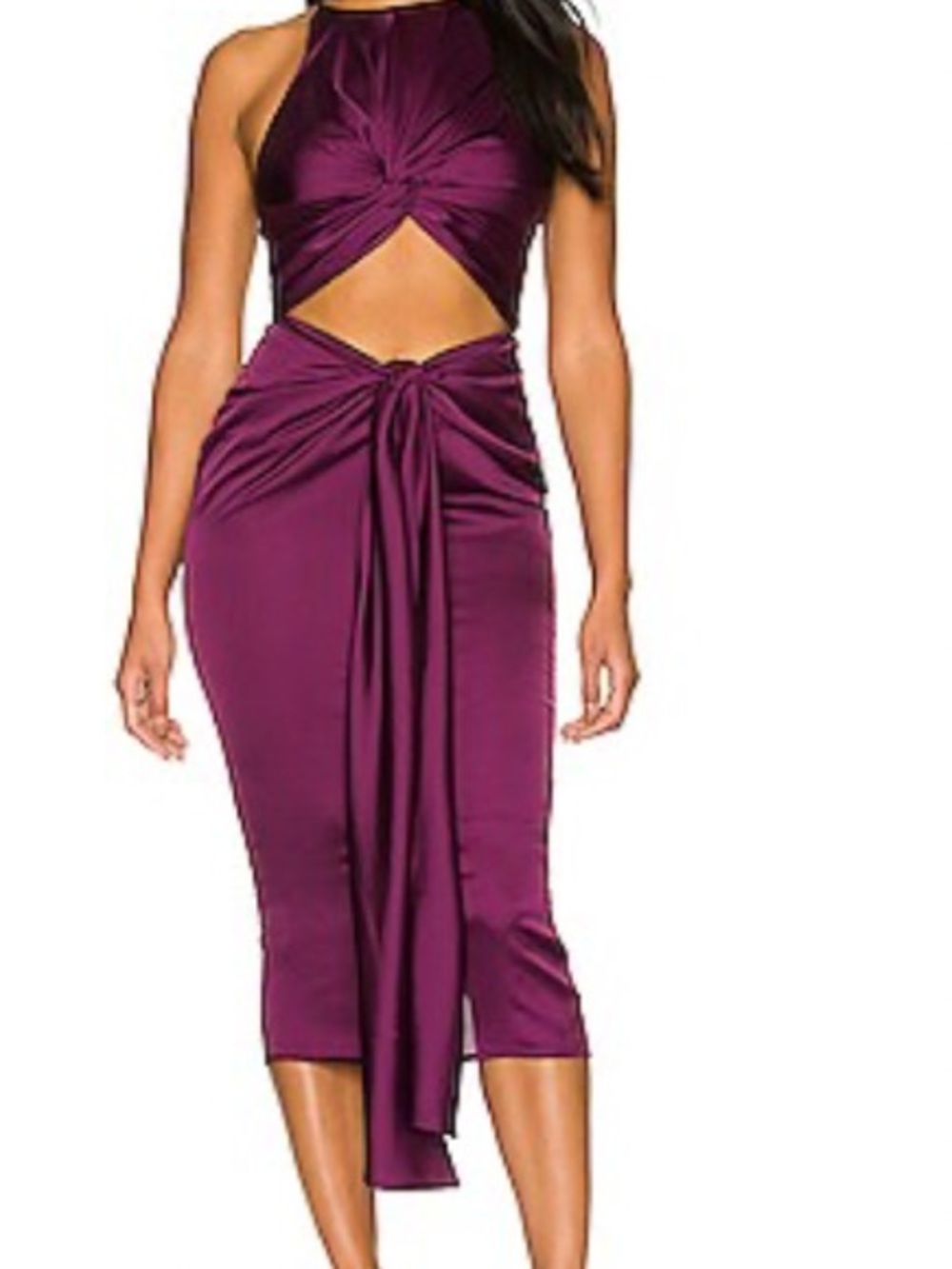 Andrea Iyamah Reni Knotted Dress Purple Cutout Satin Midi Dress with Front Tie